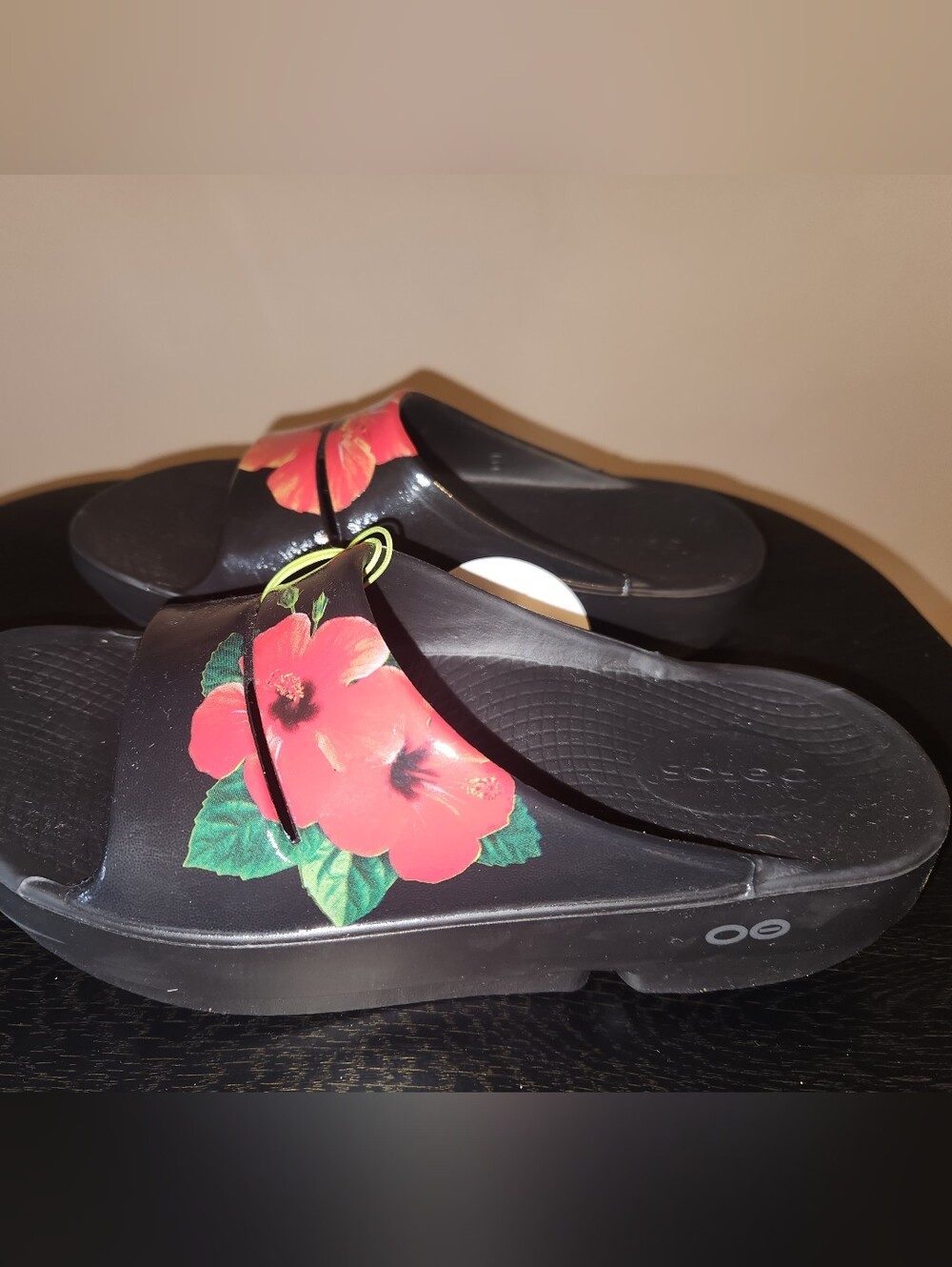 OOFOS Black Slide Sandals with Red Floral Print